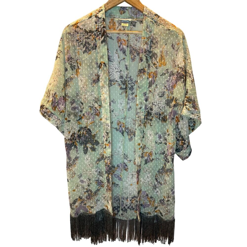 Big Buddha Floral Kimono One Size Womens Fringe Swiss Dot Wide Sleeve Career